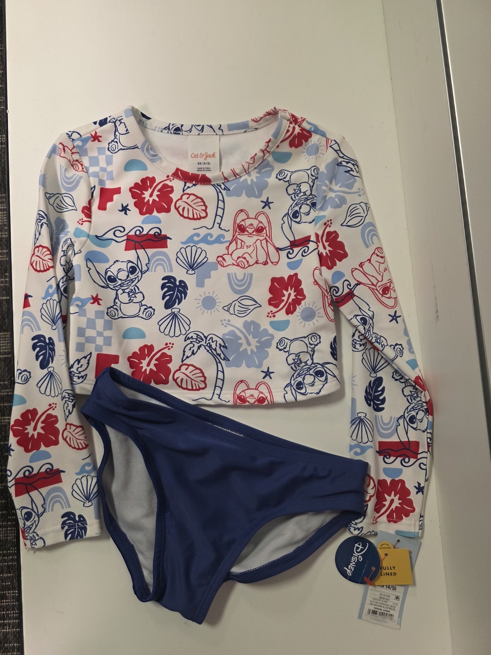 Disney (STITCH) Kids Long Sleeve Rash Guard Swim Set White with Red & Blue Print